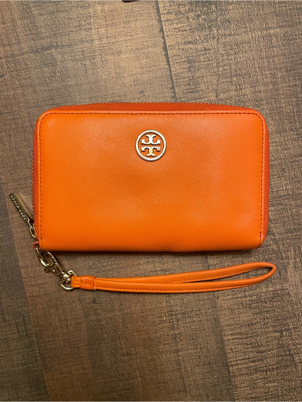 Tory Burch Bright Orange Saffiano Zip Wristlet